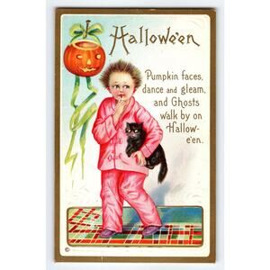 Vintage 1907-1915 Halloween Postcard Child with Black Cat & Pumpkin